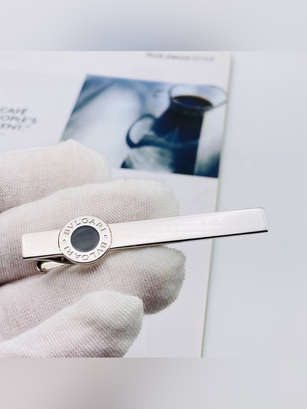 Bvlgari Sterling Silver Black Onyx Tie Pin, Modern Italian Design